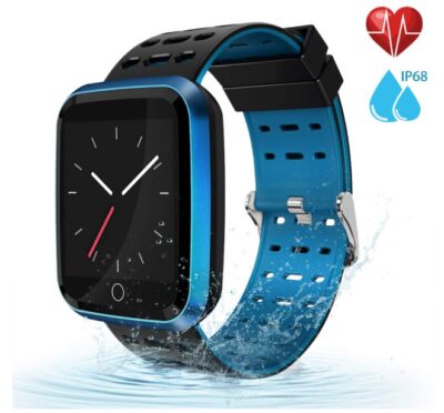 this is an image of a blue waterproof fitness tracker smart watch with IP68, heart rate and sleep monitor and pedometer feature designed for kids, men and women.